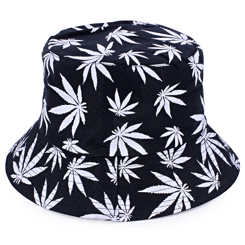 Bucket Hat w/ Hemp Leaf Print - Black & White