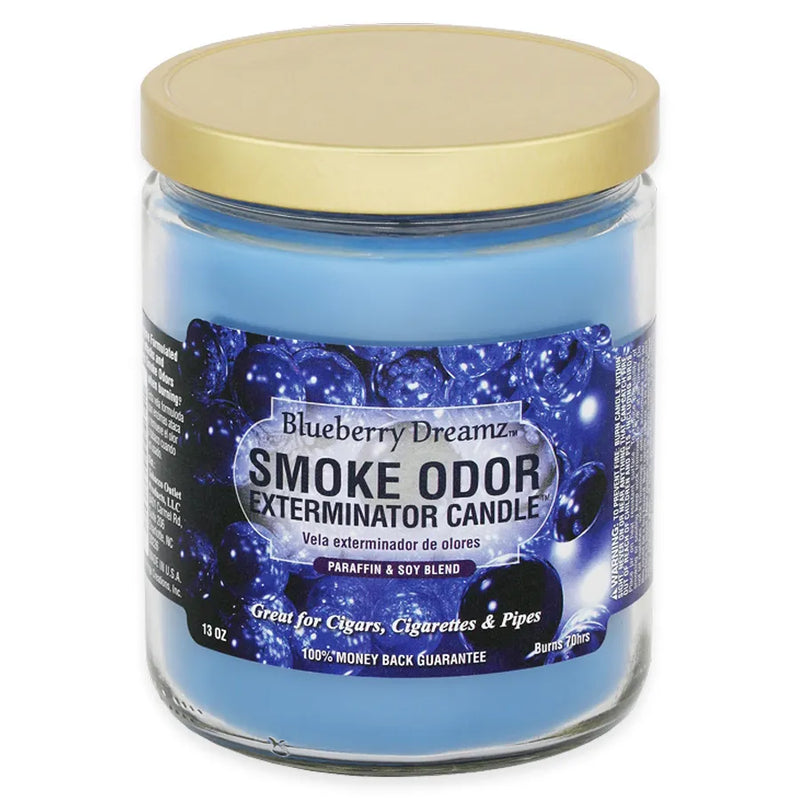 Smoke Odor's 13oz Jar Candle in a Blueberry Dreamz scent. Blue wax, gold lid, glass jar. The Smoke Odor sticker branding has a mix of blueberries.