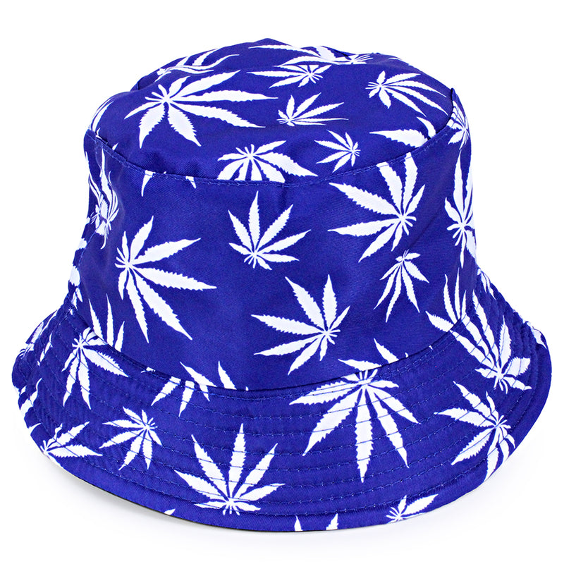 Bucket Hat w/ Hemp Leaf Print - Blue & White