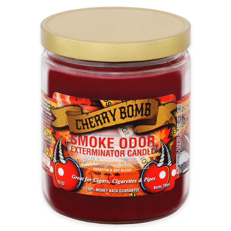 Smoke Odor's 13oz jar candle in a cherry bomb scent. Dark red colored wax, gold lid, glass jar. The Smoke Odor branded sticker features various cherry decals.