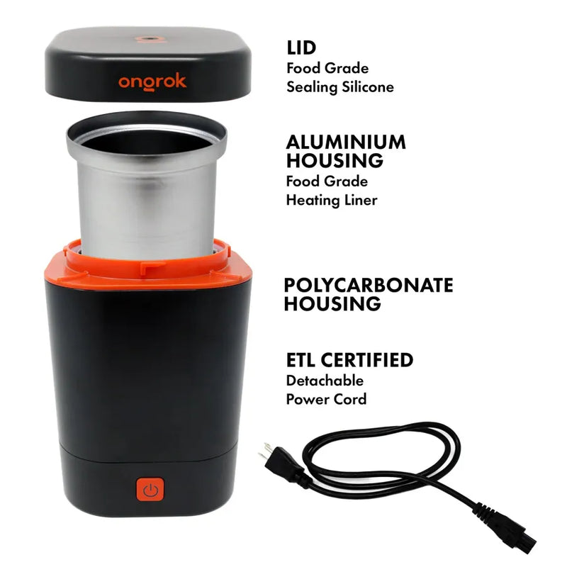 A graphic of Ongrok's decarboxylator machine. Showcasing the lid, aluminum housing, polycarbonate housing, and ETL certification.