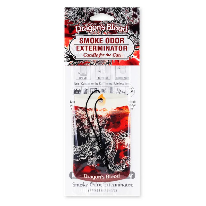 Smoke Odor's Exterminator Car Hanger in a Dragon's Blood scent. White plastic packaging, red and black dragon decal on the hanger, black string.