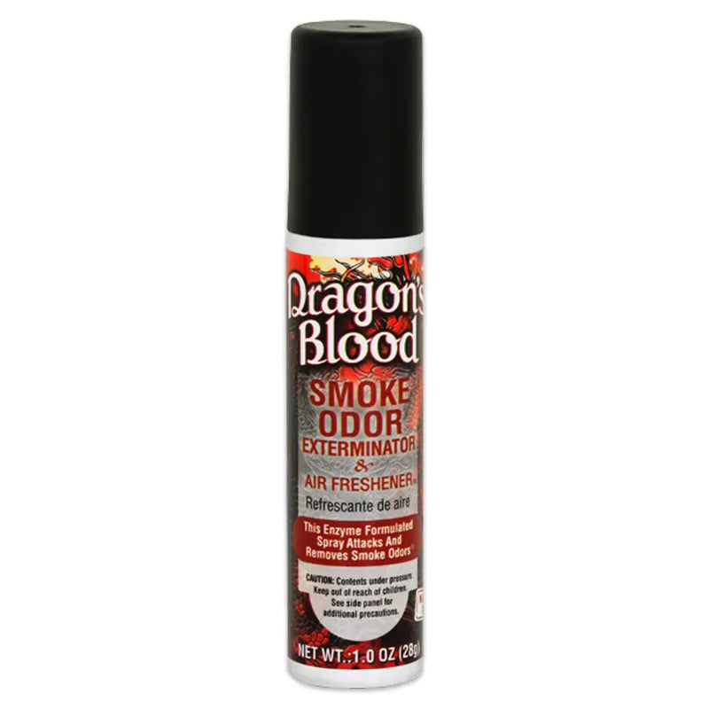 Smoke Odor's 1oz exterminator spray in a Dragon's blood scent. Silver bottle, black cap. Smoke Odor branded sticker features a black and red twisted dragon design.