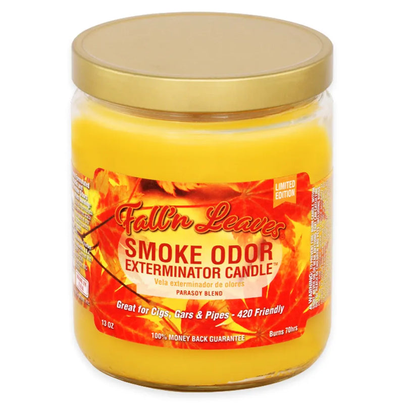 Smoke Odor's 13oz jar candle in a Fall'n Leaves scent. Yellow wax, gold lid, glass jar. The Smoke Odor branded sticker features a yellow backdrop with orange fall leaves.