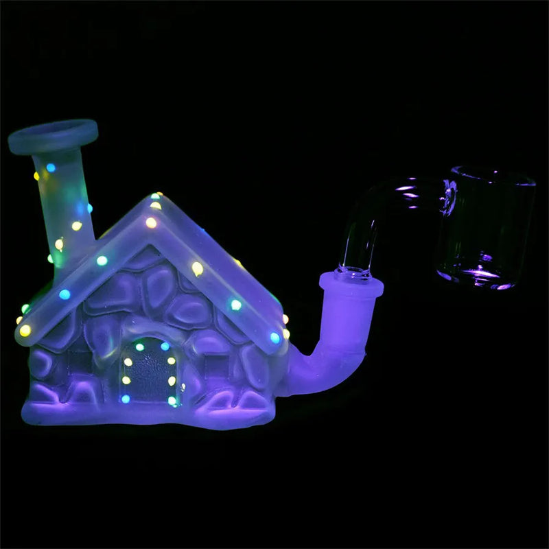 Mini Frosted Christmas House - Glow in the Dark Lights - Glass Dab Rig - 3"