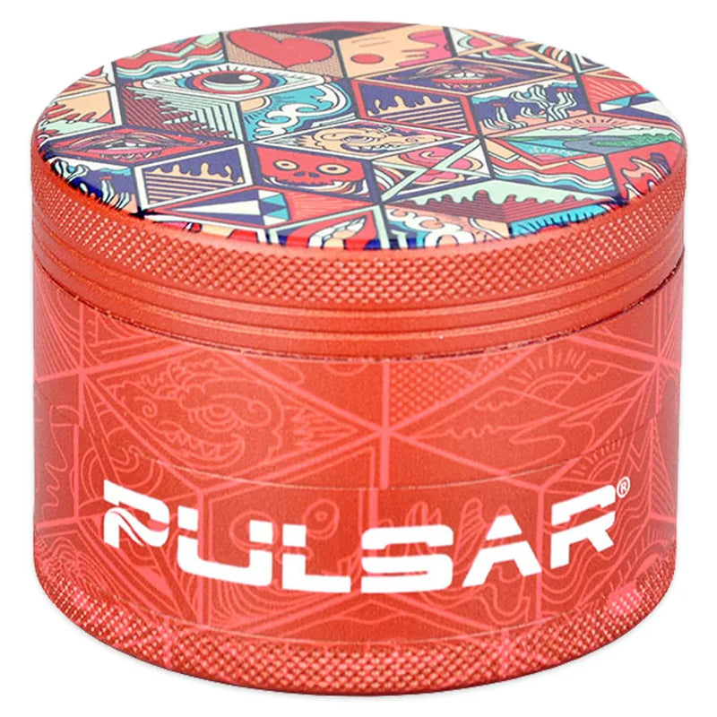 Pulsar's Design Series Metal Grinders featuring the Symbolic Tiles design, depicting a trippy cubic quilt pattern, with matching side art. Closed grinder.