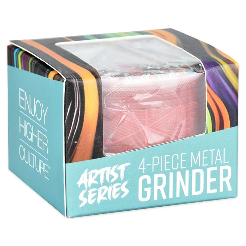 Pulsar's Design Series Metal Grinders featuring the Symbolic Tiles design, depicting a trippy cubic quilt pattern, with matching side art. Plastic wrapped in its retail display box.