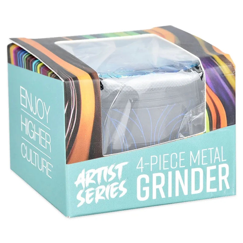 Pulsar's Design Series Metal Grinders feature the Space Dust design, depicting an ever-flowing blue depth lit by distant sparkling stars, with matching side art. Plastic wrapped in its cardboard display retail box.