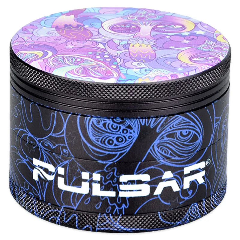 Pulsar's Design Series Metal Grinder featuring the Melting Shrooms design, depicting a swarm of neon mushrooms with wide, ancient eyes, with matching side art. Closed grinder.