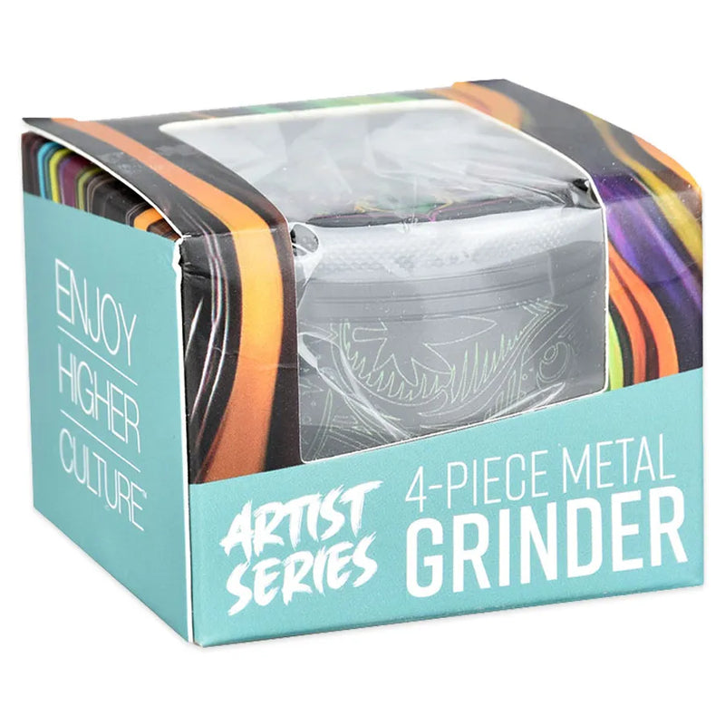 Pulsar's Design Series Metal Grinder featuring the Hemp Mandala design, depicting a hemp leaf mandala with a watchful eye at the center, with matching side art. Plastic wrapped in its retail display box.
