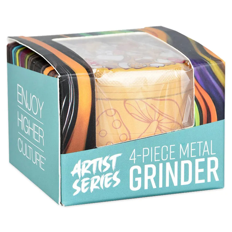Pulsar's Design Series Metal Grinder featuring the FUNgi design, depicting a wide array of mushroom species, some with friendly smiles, with matching side art. Plastic wrapped in its retail display box.