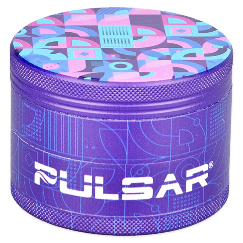 Pulsar's Design Series Metal Grinder featuring the Candy Floss design, depicting an abstract retro pattern in purple, pink, and blue hues, with matching side art. Closed grinder.