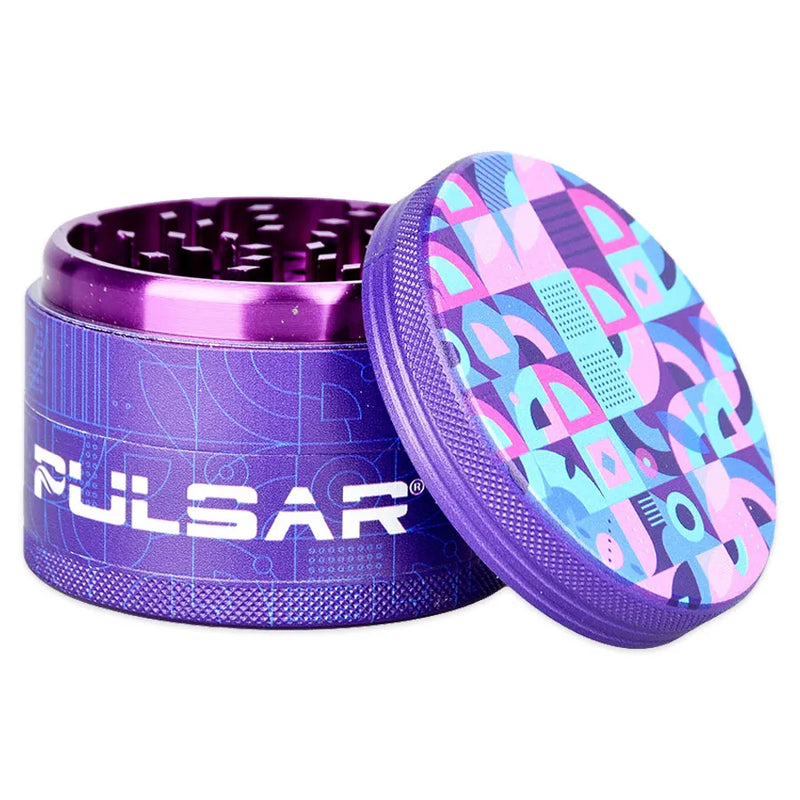 Pulsar's Design Series Metal Grinder featuring the Candy Floss design, depicting an abstract retro pattern in purple, pink, and blue hues, with matching side art. Open grinder showcasing the magnetic lid and sharp diamond-shaped cutting teeth second chamber.