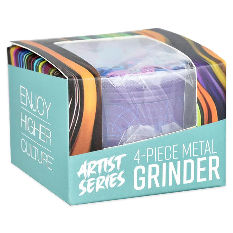 Pulsar's Design Series Metal Grinder featuring the Candy Floss design, depicting an abstract retro pattern in purple, pink, and blue hues, with matching side art. Plastic wrapped in its retail display box.