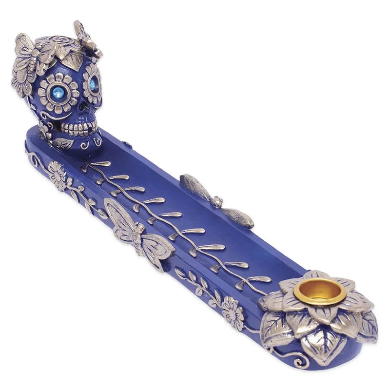 Fujima - Golden Blue Skull & Butterfly - Incense Burner - 11"