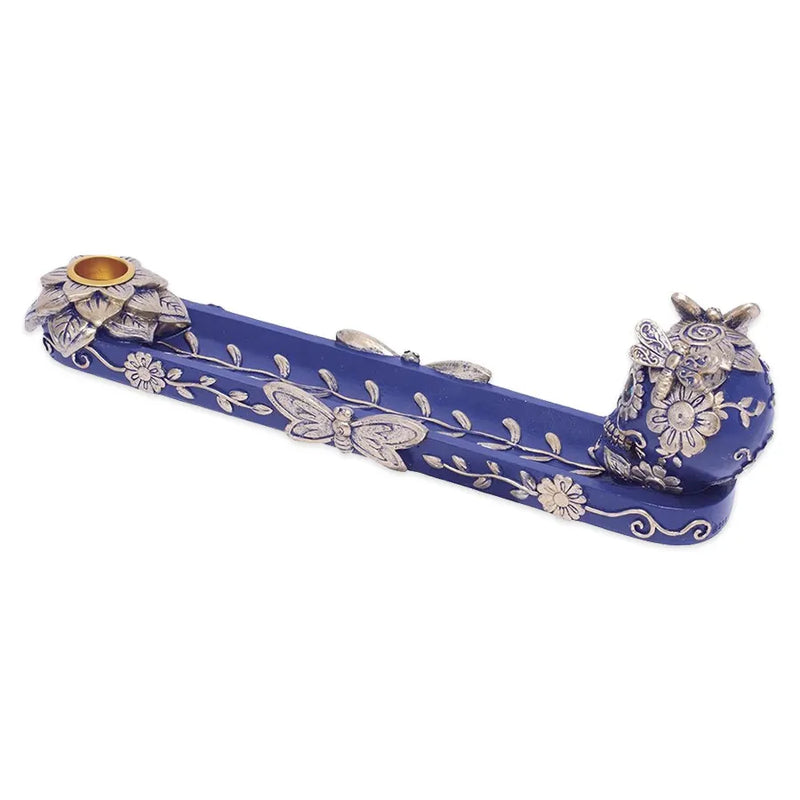 Fujima - Golden Blue Skull & Butterfly - Incense Burner - 11"