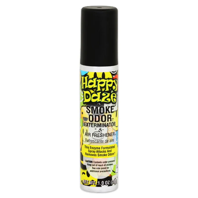 Smoke Odor's 1oz exterminator spray in a Happy Daze scent. Silver bottle, black cap. Smoke Odor branded sticker features various different coloured smiley faces.
