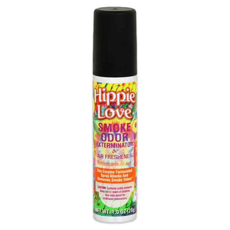 Smoke Odor's 1oz exterminator spray in a Hippie Love scent. Silver bottle, black cap. Smoke Odor branded sticker features hippie tie-dye rainbow patterns.