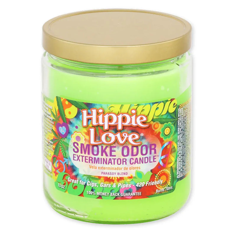 Smoke Odor's 13oz Exterminator Candle in the Hippie Love scent. A bright green wax colour with a gold lid. The sticker labels features a tie-dye pattern with the words hippie and love and has various peace signs, weed leaves, and gender signs.