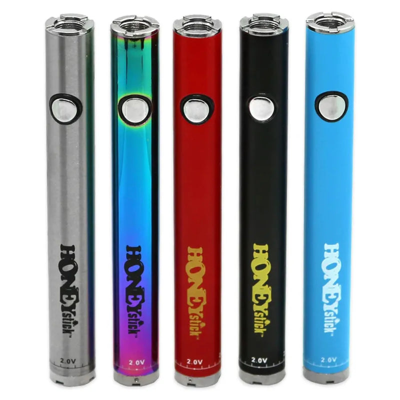 Honeystick's 510 threaded vape cartridge batteries. Shown in various colours, silver, rainbow, red, black, and blue.