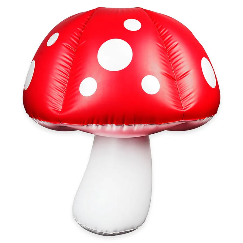 Pulsar's inflatable mushroom with an led light. 3 foot length. A white stemmed mushroom with a red cap with white polka-dots.