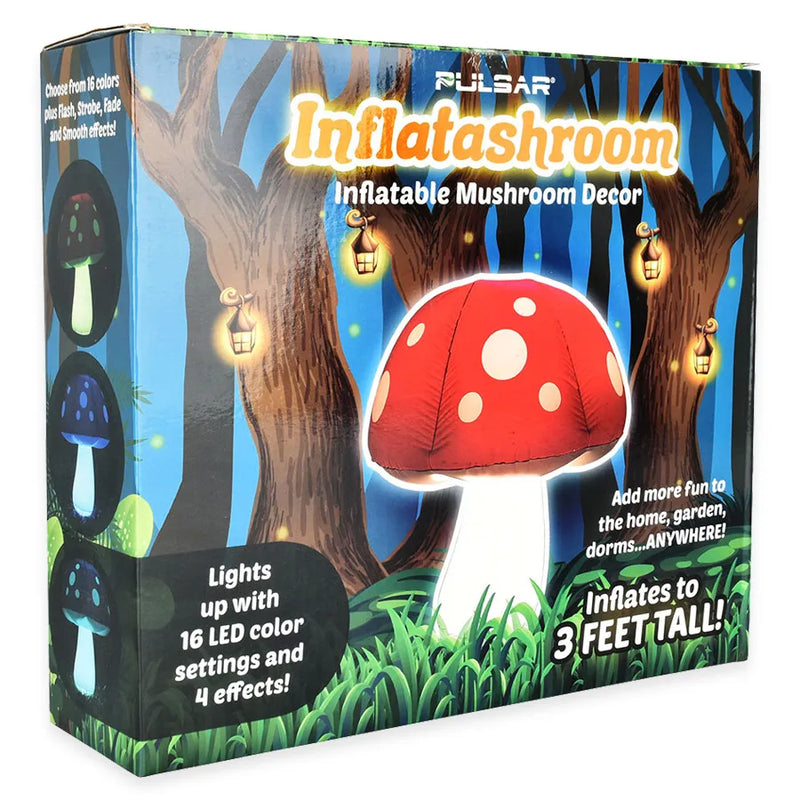 Pulsar's inflatable mushroom with an led light. 3 foot length. A white stemmed mushroom with a red cap with white polka-dots. Showcasing the box that the inflatashroom comes in.