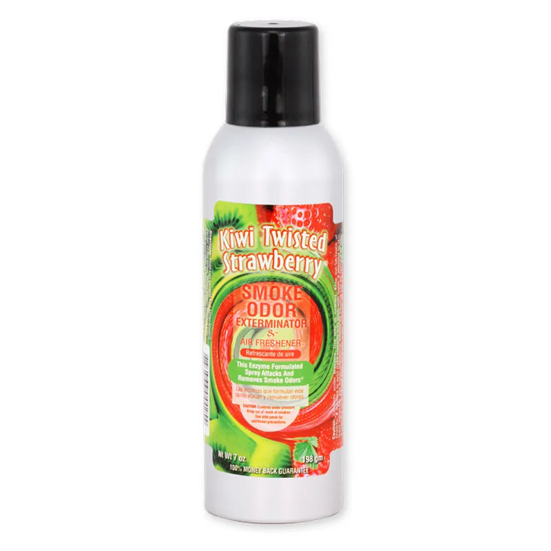 Smoke Odor's 7oz exterminator spray in a kiwi twisted strawberry scent. Silver bottle, black cap. Smoke Odor branded sticker features a twist of strawberries and kiwis.