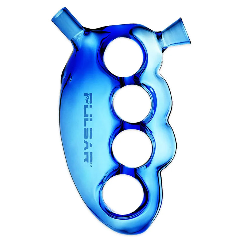 Pulsar's Knuckle Bubbler. A 5.5-inch glass pipe shaped as brass knuckles. Herb bowl over your index finger, mouthpiece under your index finger. Blue colour.