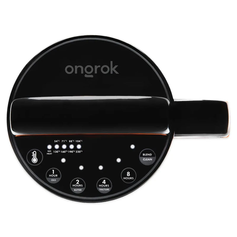 The top of Ongrok's large botanical infuser machine. Showcasing the different buttons and options that the machine features. Temperature buttons, timer buttons, and a self-cleaning and blend button.