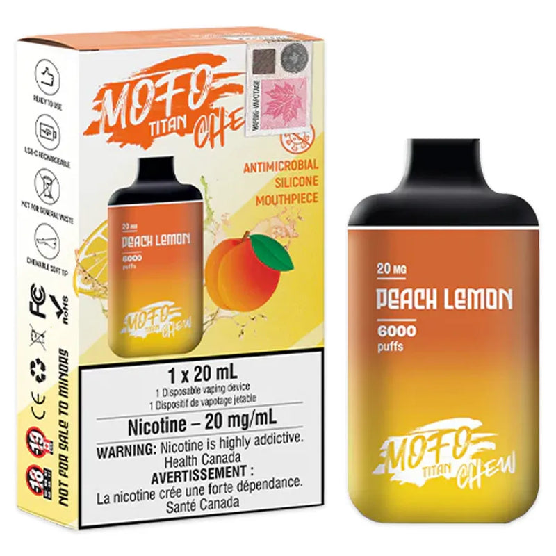 Mofo's Titan Chew disposable vaporizer. A slim square looking vaporizer with a antimicrobial silicone mouthpiece. In a Peach Lemon flavour. The display box next to it shows the retail packaging. 1 x 20mL vaporizer. Nicotine level of 20mg/ml.