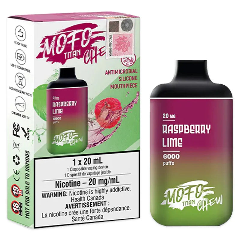 Mofo's Titan Chew disposable vaporizer. A slim square looking vaporizer with a antimicrobial silicone mouthpiece. In a Raspberry Lime flavour. The display box next to it shows the retail packaging. 1 x 20mL vaporizer. Nicotine level of 20mg/ml.