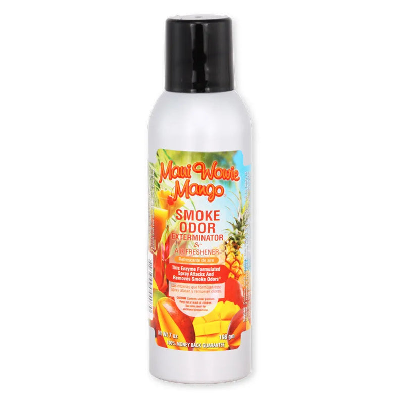 Smoke Odor's 7oz exterminator spray in a Maui Wowie Mango scent. Silver bottle, black cap. The Smoke Odor branded sticker features cut up pieces of mango and pineapple.