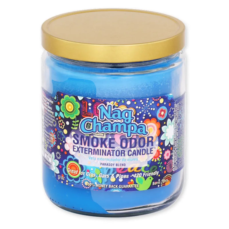 Smoke Odor's 13oz Exterminator Candle in the Nag Champa scent. A blue wax colour with a gold lid. The sticker label features various patterns and colours of different flours and designs.