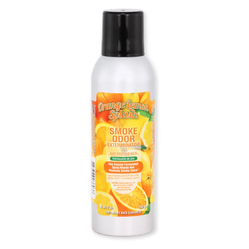 Smoke Odor's 7oz Exterminator Spray in an Orange Lemon Splash scent. Silver bottle, black cap. The Smoke Odor branded sticker features various oranges cut in half and in slices.