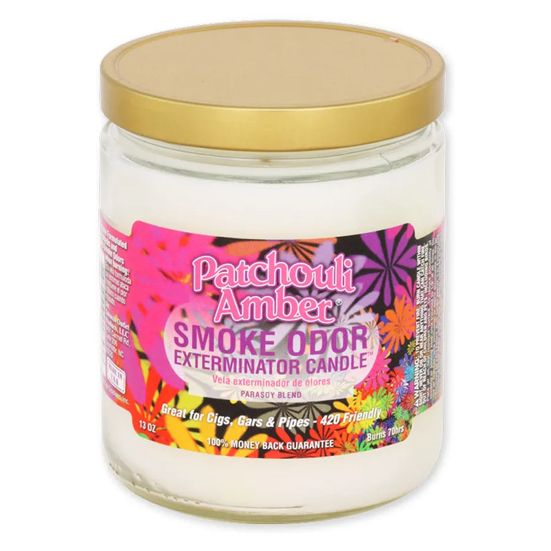 Smoke Odor's 13oz Jar Candle in a Patchouli Amber scent. Off-white wax colour, gold lid, glass jar. The Smoke Odor branded sticker features a mix of vibrant hippie flower decals.