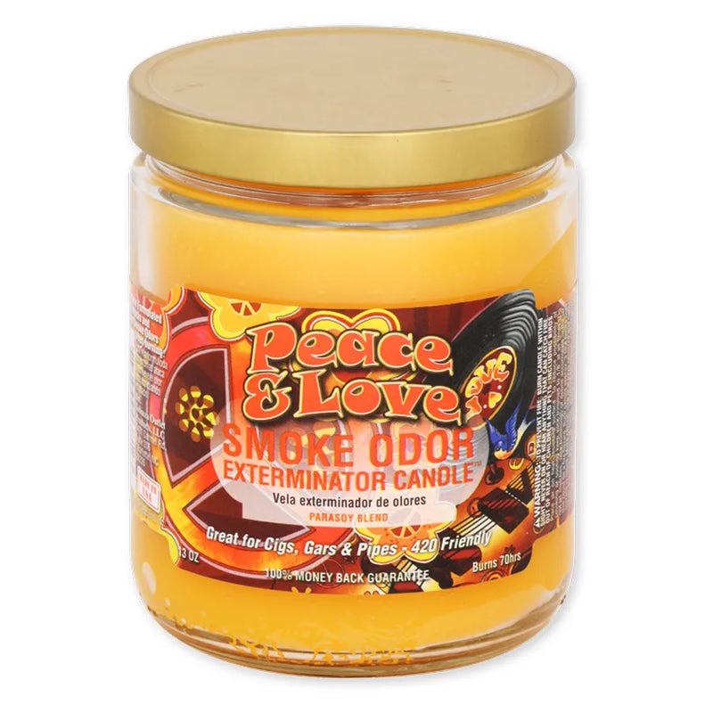 Smoke Odor's 13oz jar candle in a Peace & Love scent. Yellowish-orange wax, gold lid, glass jar. Smoke Odor branded sticker features various hippie peace & love decals.