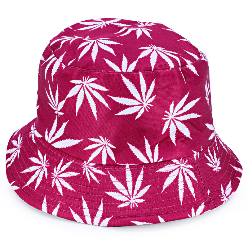 Bucket Hat w/ Hemp Leaf Print - Pink & White