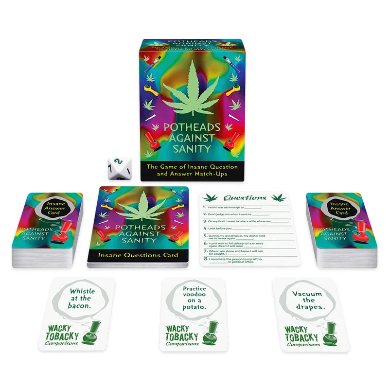 Potheads Against Sanity. A weed themed take on the popular cards against humanity card game. The box showcases psychedelic colours and patterns with smoking accessories throughout and a weed leaf with the game's title underneath. All cards are splayed out. Question cards and fill-in-the-blank cards. 8 sided die is sitting next to the card box.