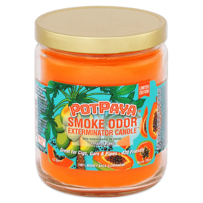 Smoke Odor's 13oz jar candle in a potpaya scent. Orange coloured wax, gold lid, glass jar. The Smoke Odor branded sticker features a tree with papaya's, and half cut open papaya's with seeds strwen throughout.