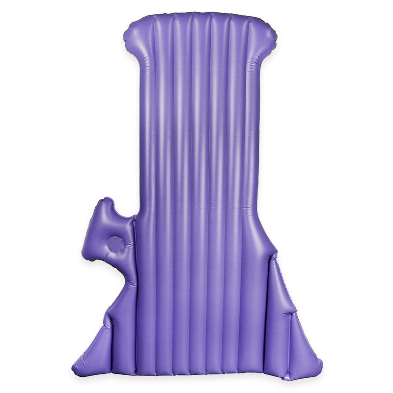 Pulsar's inflatable water pipe pool float. A 6 foot long inflatable in the shape of a bong with a cup holder on the bowl of the bong. Showcasing the under side of the float in a light purple colour.