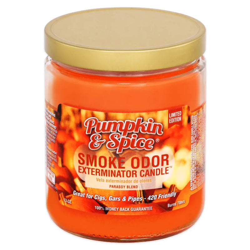 Smoke Odor's 13oz Exterminator Candle in Pumpkin & Spice scent. A rich orange wax colour with a gold lid. The sticker label has various orange pumpkins that match the wax colour.