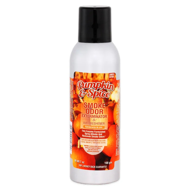 Smoke Odor's 7oz Exterminator Spray in a Pumpkin & Spice scent. A silver bottle with a black lid. The sticker label has multiple orange pumpkins filling out the entirety of the label.