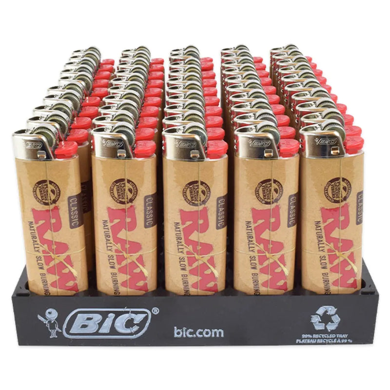 RAW and Bic collaboration lighter. A bic lighter with a RAW classic rolling paper pack design. Display Tray of 50 lighters.