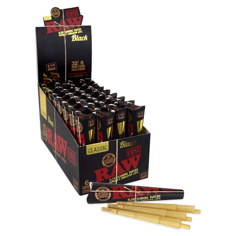 RAW - Black - Pre-Rolled Cones - 1.25" - 6-Pack - Display Box of 32