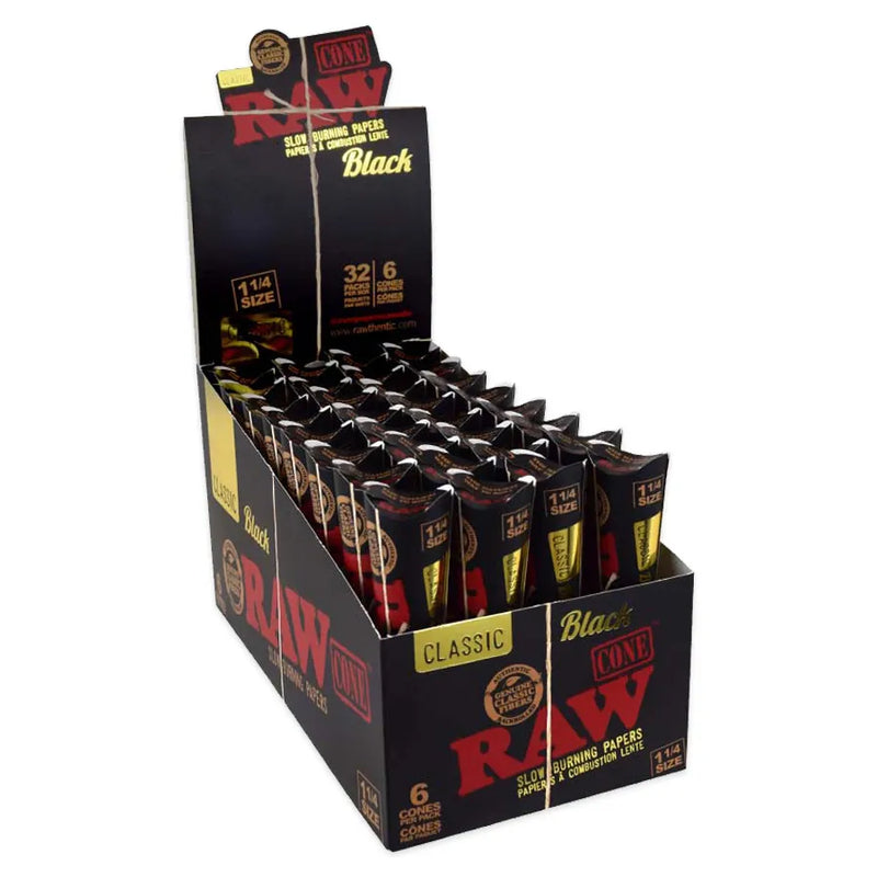 RAW - Black - Pre-Rolled Cones - 1.25" - 6-Pack - Display Box of 32