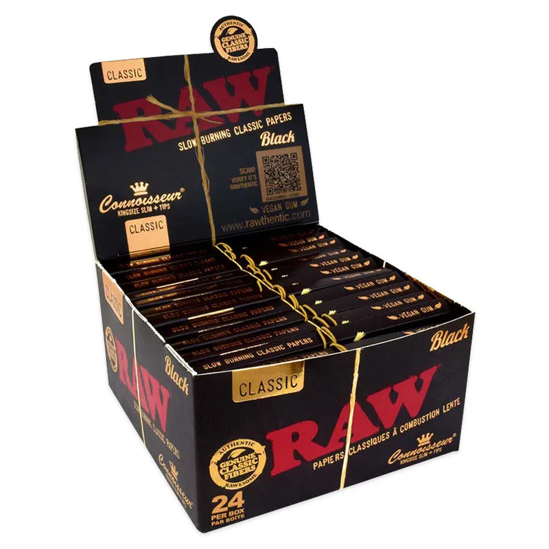 RAW - Black Connoisseur King Size Slim Rolling Papers with Tips - Display Box of 24