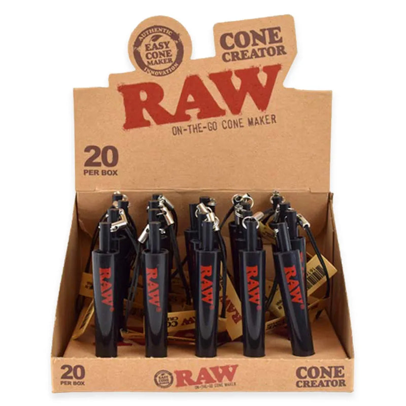 RAW's cone creators. Black plastic cone shaped creators. Open retail display box of 20 cone creators.