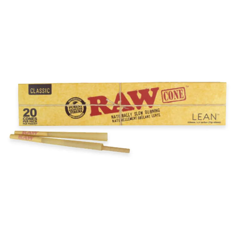 RAW Classic Cones in Lean sizing. Open retail display box. 20 cones per pack. 2 cones on the outside with paper packing tool.