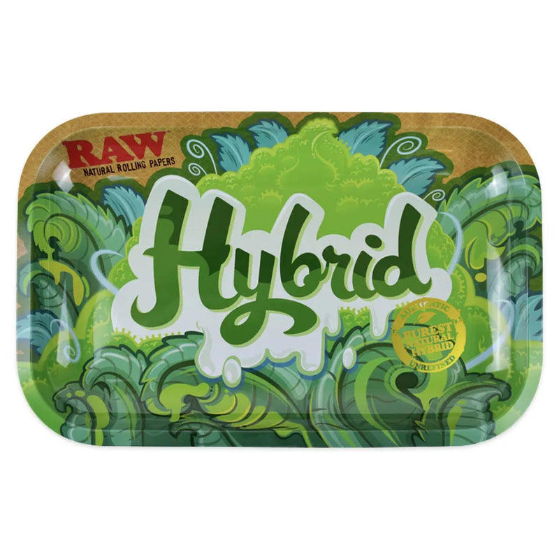 RAW's Hybrid Strain Rolling Tray. A metal 11-inch by 7-inch sized rolling tray. Featuring Hybrid Strain themed artwork from RAW's in-house artist series.
