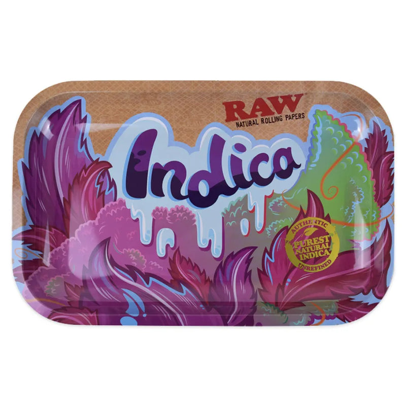 RAW's Indica Strain Rolling Tray. A metal 11-inch by 7-inch rolling tray. Featuring an eye popping indica strain graphic.